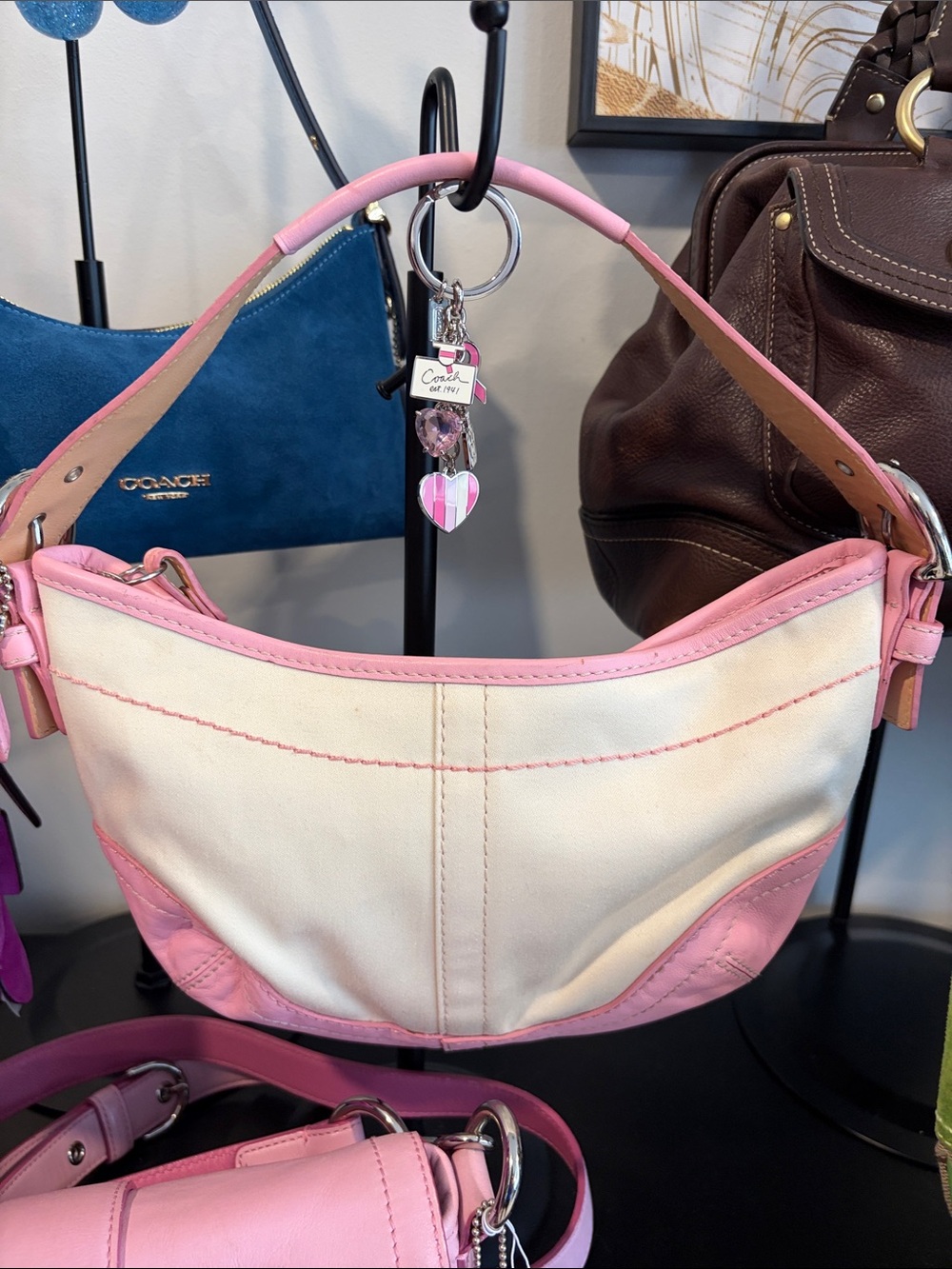 Y2K 2005 Coach Pink & Cream Canvas Shoulder Hobo with Heart Charm